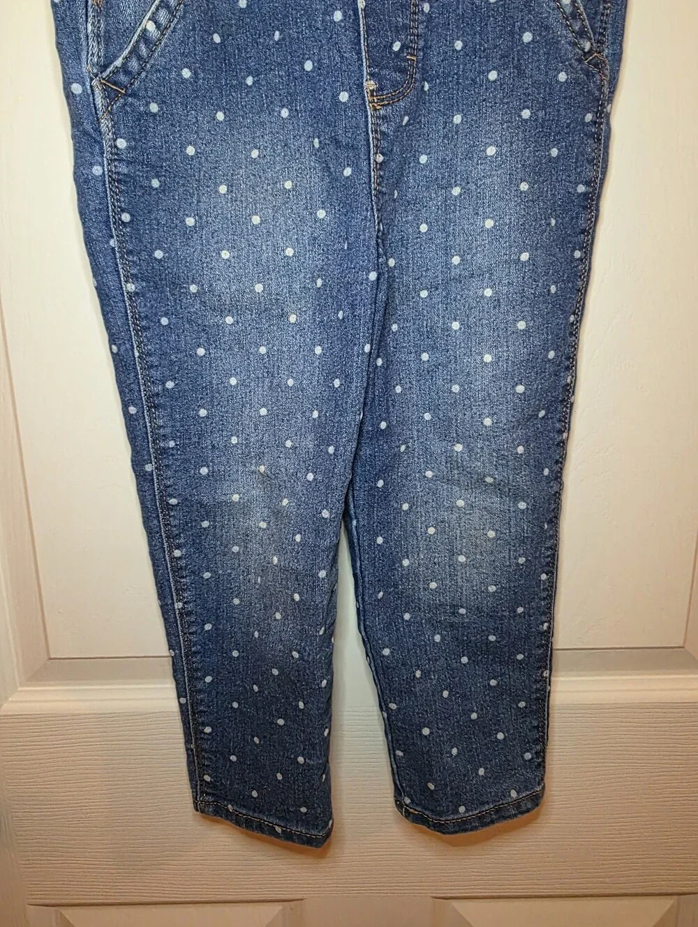 Oshkosh B'gosh 14T Overalls Polka Dot Denim Blue White Snap Bottom Pockets
